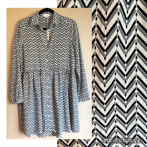 NEW! EMMA & ELLA M/L Long Sleeve Button Front Dress Gray Black Ivory Chevron - Picture 1 of 13